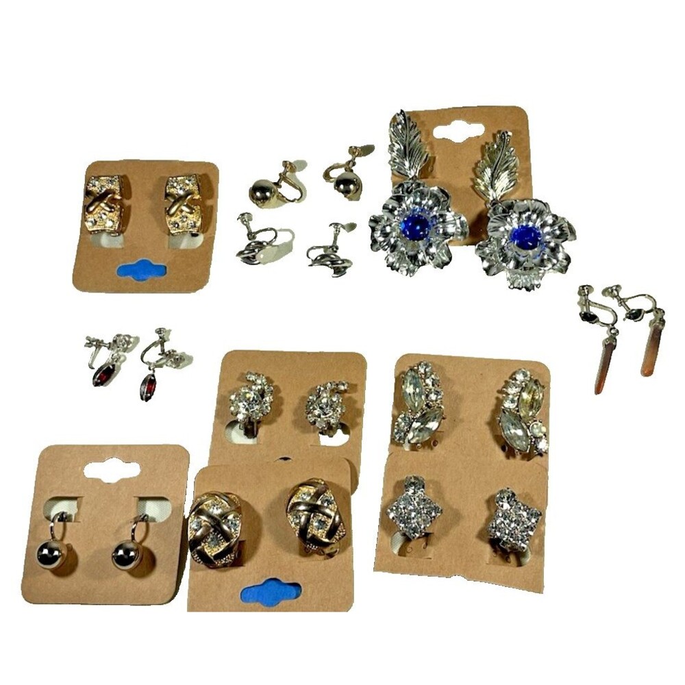 11 Pairs Clip-on Screwback Earrings Vintage Bling Cottagecore Rhinestones Y2K